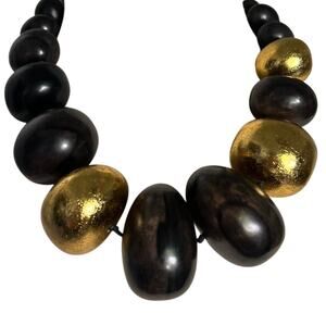 Viktoria Hayman Wooden Chunky Beaded Brown & Gold Toggle Necklace